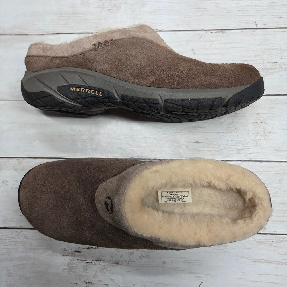 Merrell Encore Ice Suede Faux Fur Clog Mule Women 7.5 Brown J66600 Slip On